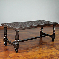 Mohena wood and leather coffee table, 'Andean Ferns' - Leather Hand Tooled Wood Coffee Table 