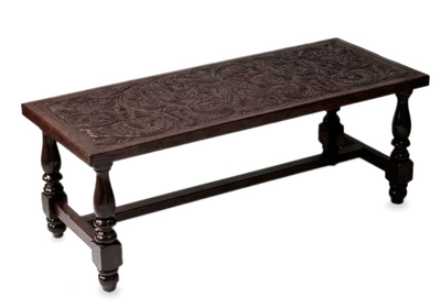 Mohena wood and leather coffee table, 'Andean Ferns' - Leather Hand Tooled Wood Coffee Table 