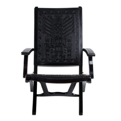 Tornillo wood and leather chair, 'Inca Gods' - Hand Made Contemporary Leather Wood Chair