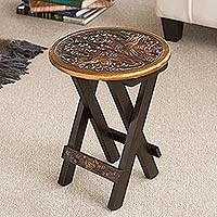 Mohena wood and leather folding table, 'Bird of Paradise' - Hand-Tooled Leather Top Folding Table with Birds Motif