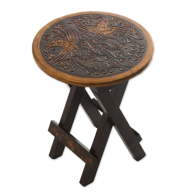 Mesa plegable de madera y cuero Mohena, 'Ave del Paraíso' - Mesa plegable única con acento marrón de cuero y madera