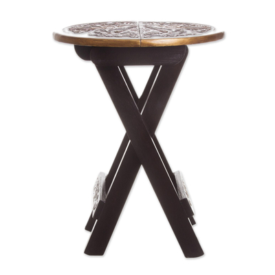 Mohena wood and leather folding table, 'Bird of Paradise' - Unique Wood Leather Brown Accent Folding Table