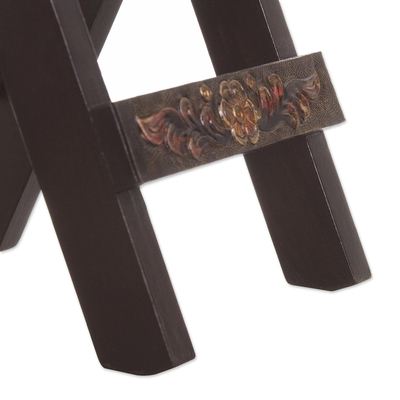 Mohena wood and leather folding table, 'Bird of Paradise' - Unique Wood Leather Brown Accent Folding Table