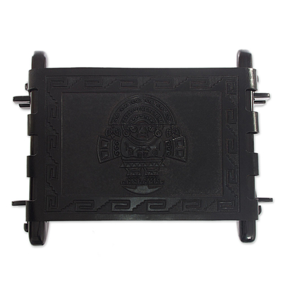 Tornillo wood and leather stool, 'Nobility' - Handcrafted Black Tooled Leather Wood Stool from Peru