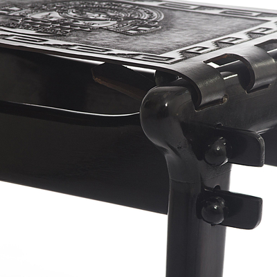 Tornillo wood and leather stool, 'Nobility' - Handcrafted Black Tooled Leather Wood Stool from Peru