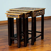 Mohena and leather accent tables, 'Bird of Paradise' (set of 3) - Artisan Crafted Wood Leather Side Table (Set of 3)