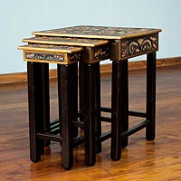 Mohena and leather accent tables, 'Bird of Paradise' (set of 3) - Artisan Crafted Tooled Leather Wood Side Table (Set of 3)