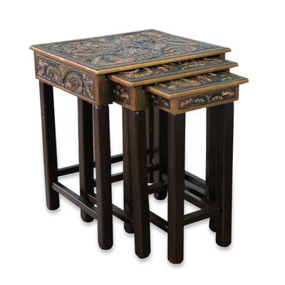 Mohena and leather accent tables, 'Bird of Paradise' (set of 3) - Artisan Crafted Tooled Leather Wood Side Table (Set of 3)
