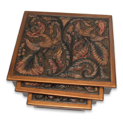 Beistelltische aus Mohena und Leder (3er-Set) - Kunsthandwerklich gefertigter Beistelltisch aus bearbeitetem Leder und Holz (3er-Set)