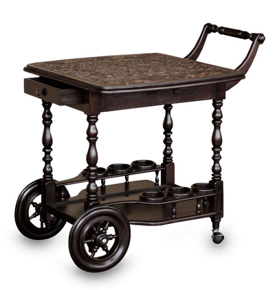 Leather and cedar bar cart, 'A Movable Drink' - Rolling Tooled Leather and Wood Bar Cart 