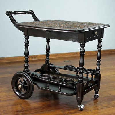 Leather and cedar bar cart, 'A Movable Drink' - Rolling Tooled Leather and Wood Bar Cart 