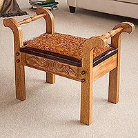 Cedar and leather stool, 'Colonial Blond' - Cedar and leather stool