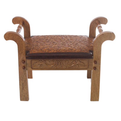 Cedar and leather stool, 'Colonial Blond' - Cedar and leather stool