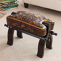 Mohena wood and leather stool, 'Bird of Paradise'