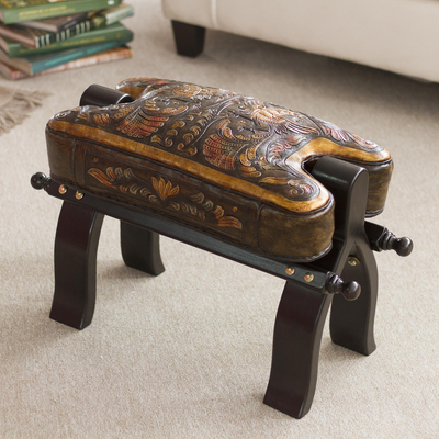 Mohena wood and leather stool, 'Bird of Paradise' - Hand Made Leather Wood Footstool Vaulted Horse Seat