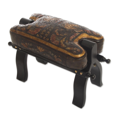 Mohena wood and leather stool, 'Bird of Paradise' - Hand Made Leather Wood Footstool Vaulted Horse Seat