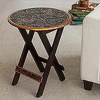 Mohena wood and leather folding table, 'Andean Birds' - Hardwood Round Folding Table with Handtooled Leather