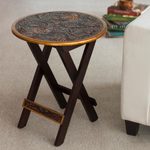 Mohena wood and leather folding table, 'Andean Birds' - Hardwood Round Folding Table with Handtooled Leather