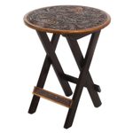 Mohena wood and leather folding table, 'Andean Birds' - Hardwood Round Folding Table with Handtooled Leather