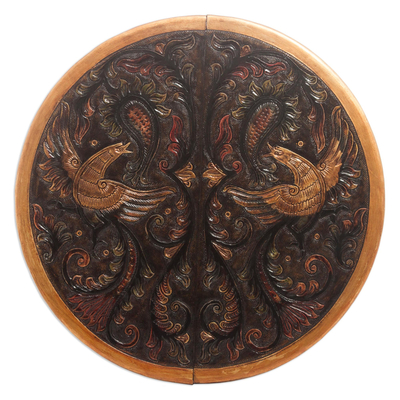 Mohena wood and leather folding table, 'Andean Birds' - Hardwood Round Folding Table with Handtooled Leather