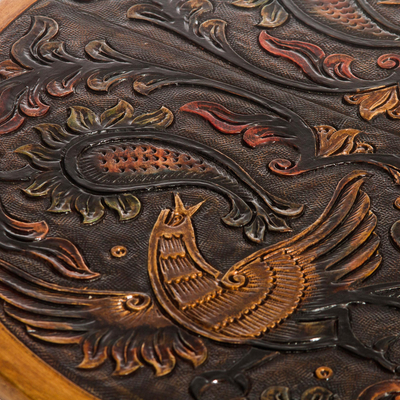 Mesa plegable de madera y cuero Mohena - Mesa plegable redonda de madera dura con cuero trabajado a mano