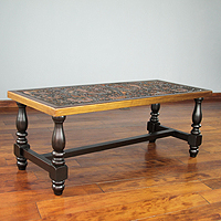 Mohena wood and leather coffee table, Andean Birds