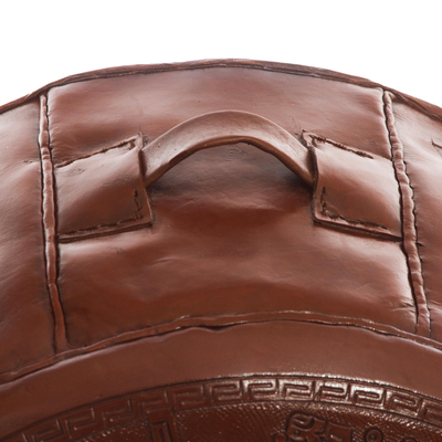 Tooled leather ottoman cover, 'Inca Light' - Fair Trade Traditional Leather Pouf Ottoman Cover