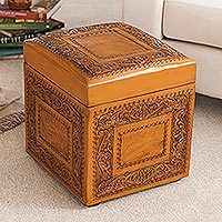 Leather ottoman, 'Golden Colonial Ivy' - Leather Ottoman