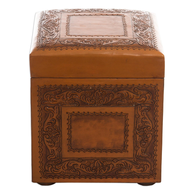Leather ottoman, 'Golden Colonial Ivy' - Leather Ottoman