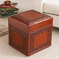 Wood and leather ottoman, 'Flight of the Condor' - Artisan Crafted Traditional Wood Leather Ottoman