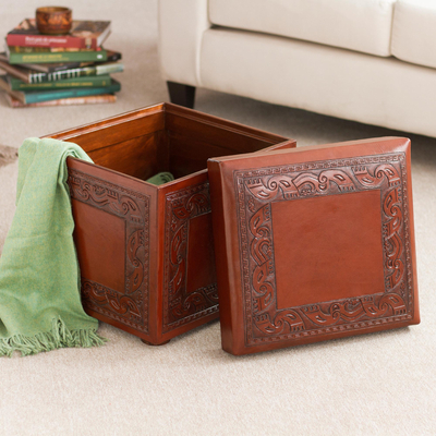 Wood and leather ottoman, 'Flight of the Condor' - Artisan Crafted Traditional Wood Leather Ottoman