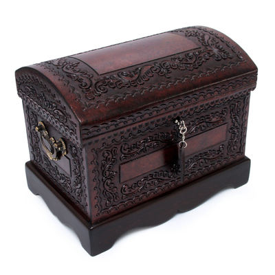Womens Colonial Leather and Wood Jewelry Box