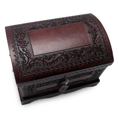 Mohena wood and leather Jewellery box, 'Colonial Treasure' - Womens Colonial Leather and Wood Jewellery Box
