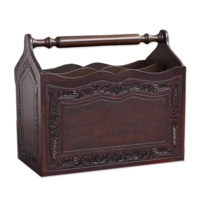 Revistero de madera y cuero Mohena - Mueble revistero de madera de cuero colonial hecho a mano