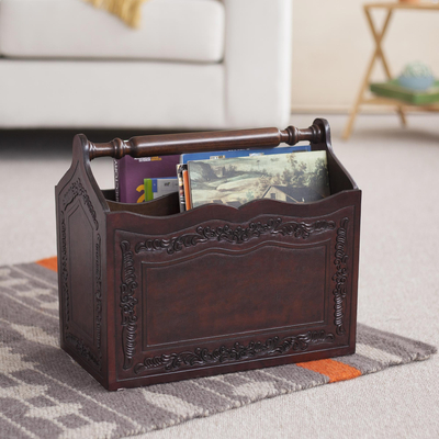 Mohena wood and leather magazine rack, 'Gracious Home' - Hand Crafted Colonial Leather Wood Magazine Rack Furniture