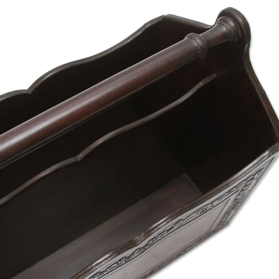 Mohena wood and leather magazine rack, 'Gracious Home' - Hand Crafted Colonial Leather Wood Magazine Rack Furniture