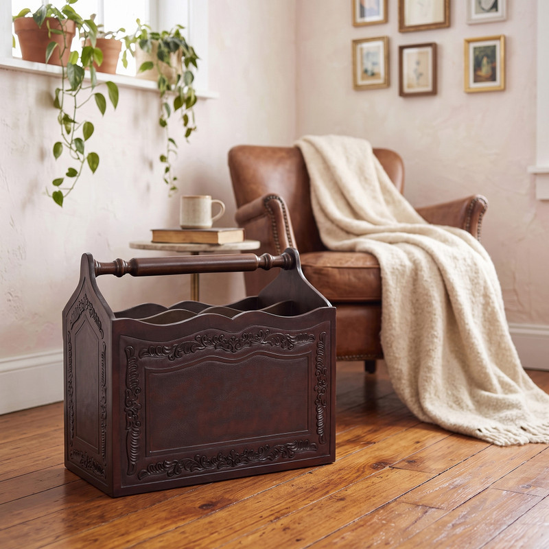 Hand Crafted Colonial Leather Wood Magazine Rack Furniture
