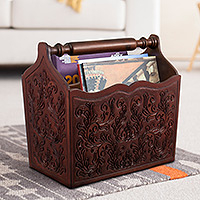 Mohena wood and leather magazine rack, 'Colonial Splendor' - Wood And Leather Hand Tooled Magazine Rack