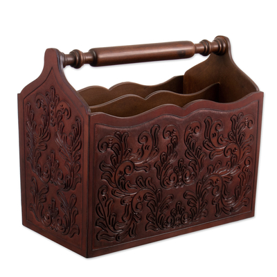 Mohena wood and leather magazine rack, 'Colonial Splendor' - Wood And Leather Hand Tooled Magazine Rack
