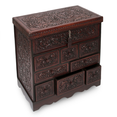 Mohena wood and leather jewelry box, 'Travel Chest' - Tooled Leather Jewelry Box Handmade in Peru