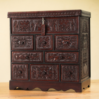 Mohena wood and leather Jewellery box, 'Ancient Legacy' - Colonial Wood Leather Jewellery Box and Decorative Chest