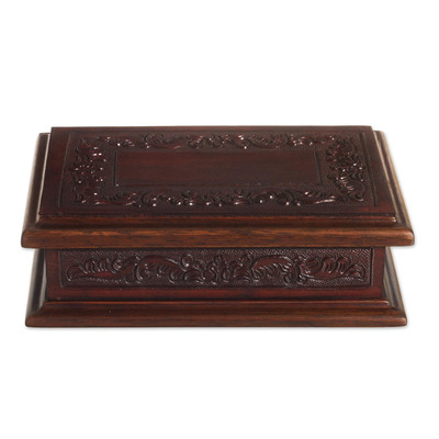 Mohena wood and leather jewelry box, 'Andean Details' - Handcrafted Colonial Wood and Leather Jewelry Box