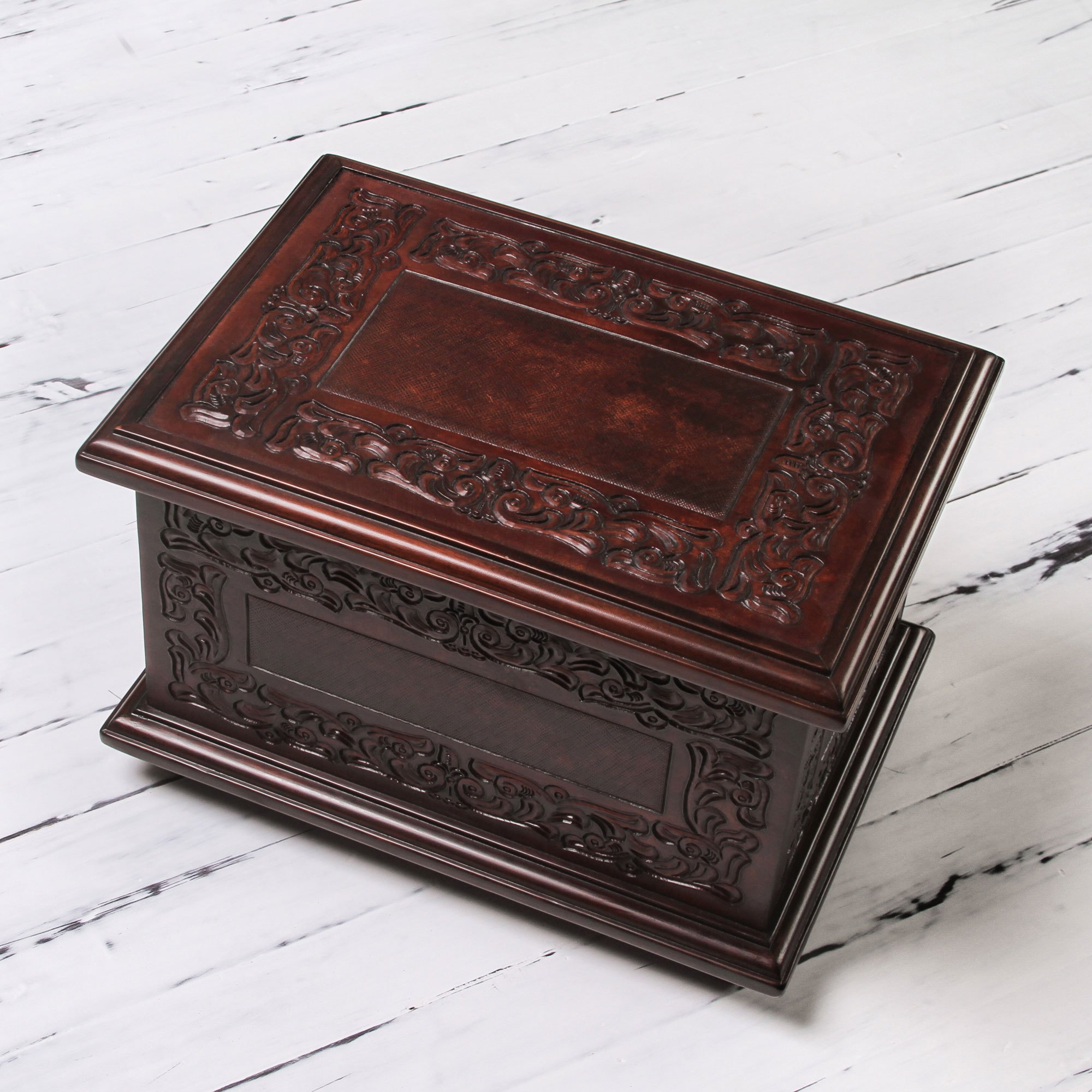 UNICEF Market Tooled Leather and Wood Jewelry Box Peruvian Elegance