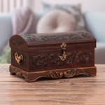 Mohena wood and leather jewelry box, 'Colonial Legacy' - Decorative Chest Colonial Leather Jewelry Box 