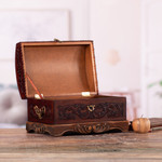 Mohena wood and leather jewelry box, 'Colonial Legacy' - Decorative Chest Colonial Leather Jewelry Box 