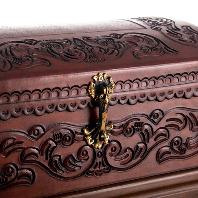 Mohena wood and leather jewelry box, 'Colonial Legacy' - Decorative Chest Colonial Leather Jewelry Box 