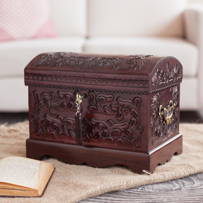 Mohena wood and leather jewelry box, 'Colonial Mystique' - Unique Colonial Wood Leather Jewelry Box