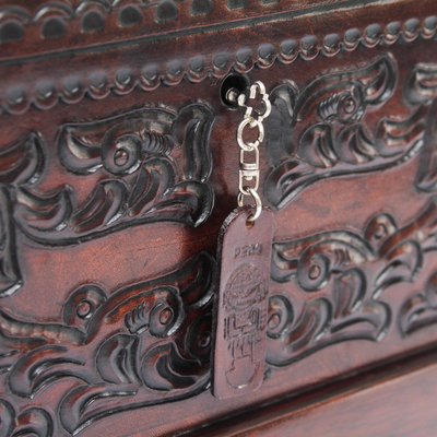 Mohena wood and leather jewelry box, 'Colonial Mystique' - Unique Colonial Wood Leather Jewelry Box