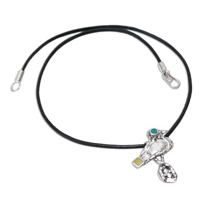Leather and serpentine pendant necklace, 'Harbinger of Peace' - Leather and Serpentine Bird Pendant Necklace