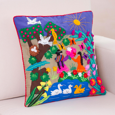 Applique cushion cover, 'Mother's Day' - Handmade Folk Art Cotton Patterned Cushion Cover